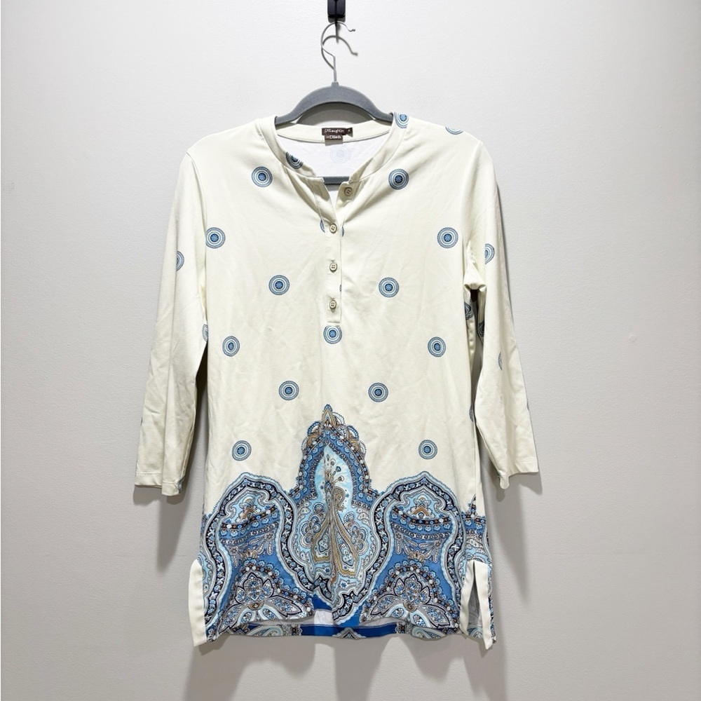 J. McLaughlin Ivory and Blue Patterned Tunic Paisley Print Henley Catalina Sz M